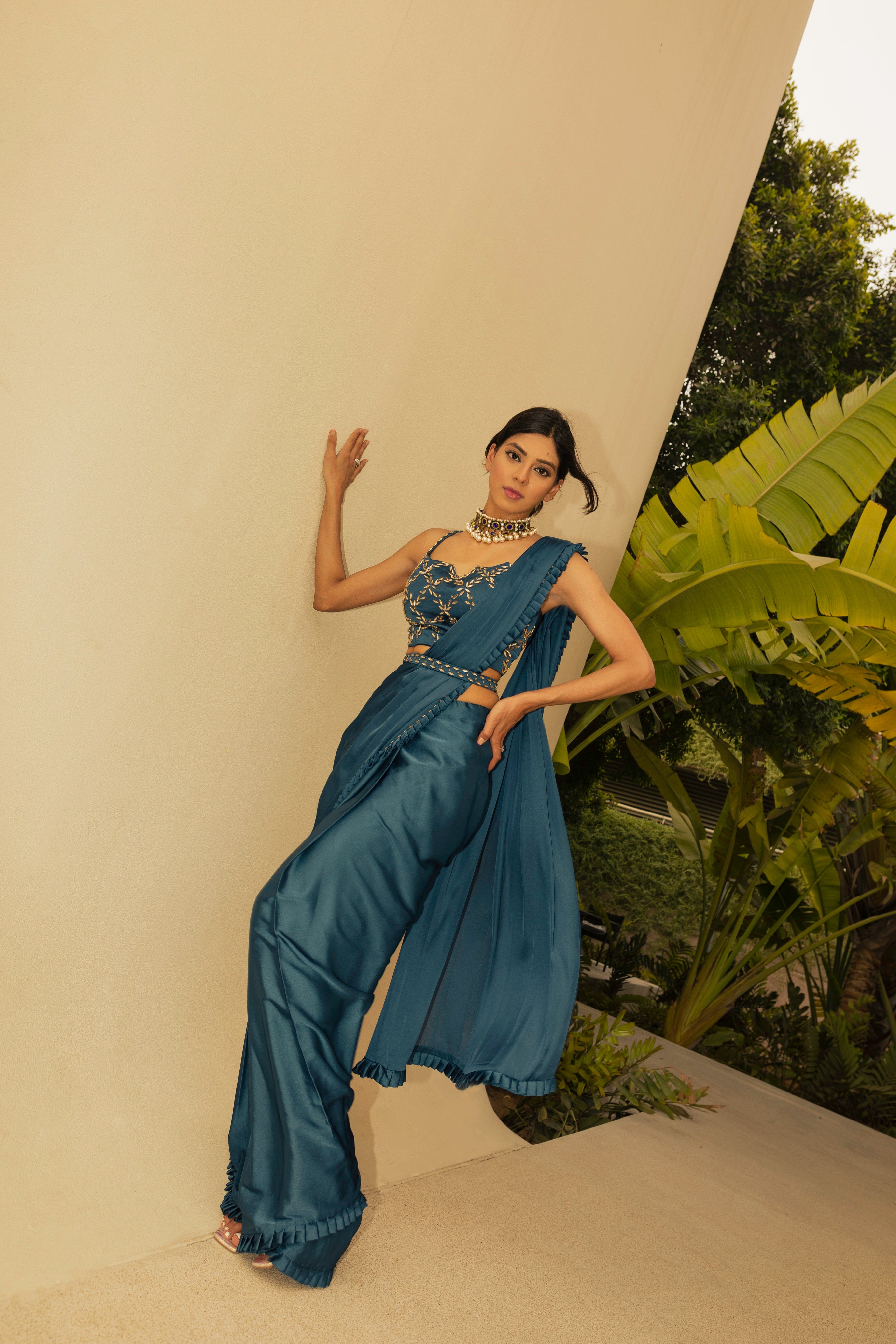 Buy Teal Insta Saree Dress With Embroidered Belt Online - W for Woman